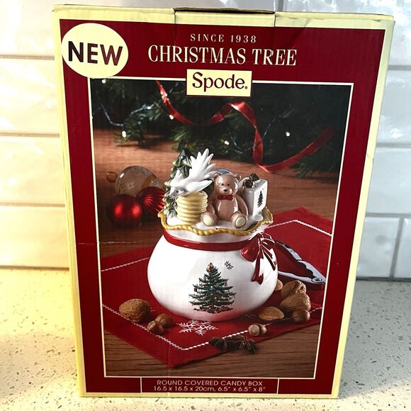 Spode Christmas Tree Round Covered Candy Box Teddy Bear Dove of Peace Tree 8” - Picture 12 of 13